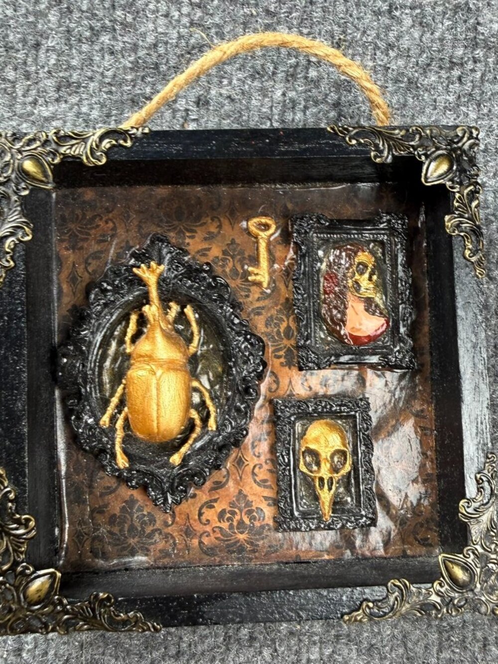 Victorian Gothic Curiosities Shadow Box 6" Wood Frame Beetle Skull Decor Odditie